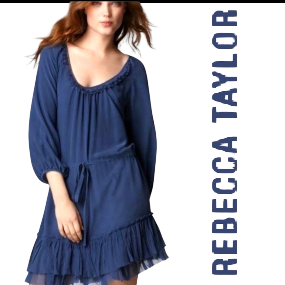 Rebecca Taylor SILK Mini Dress Blue 3/4 Slvs Cinched Waist Frayed Hem Sz 8 NWT